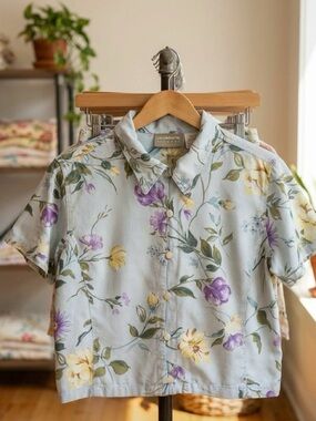 Vintage Late 80’s Pale Blue Floral Short-Sleeve Button-Up Shirt